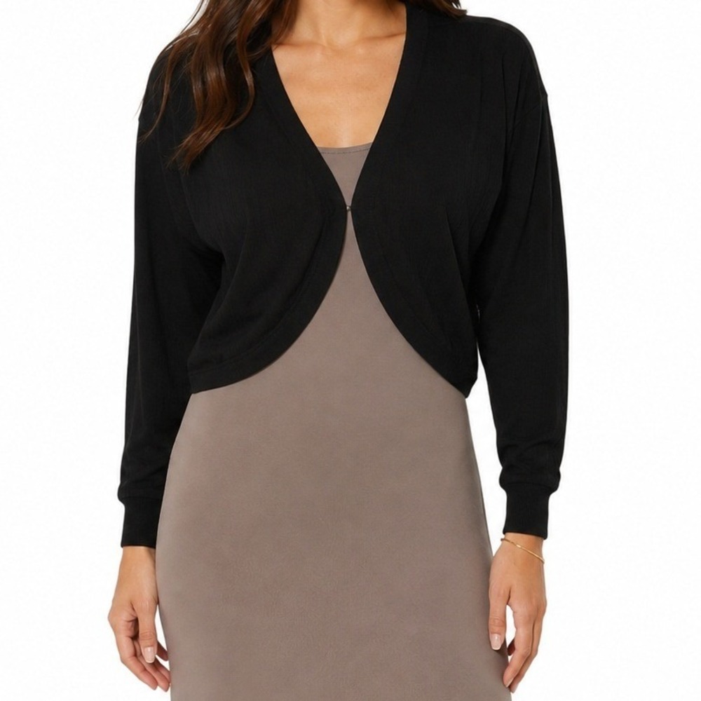 NWT OGL Ribbed Cropped Shrug Cardigan L Black Hook & Eye Bolero Lightweight